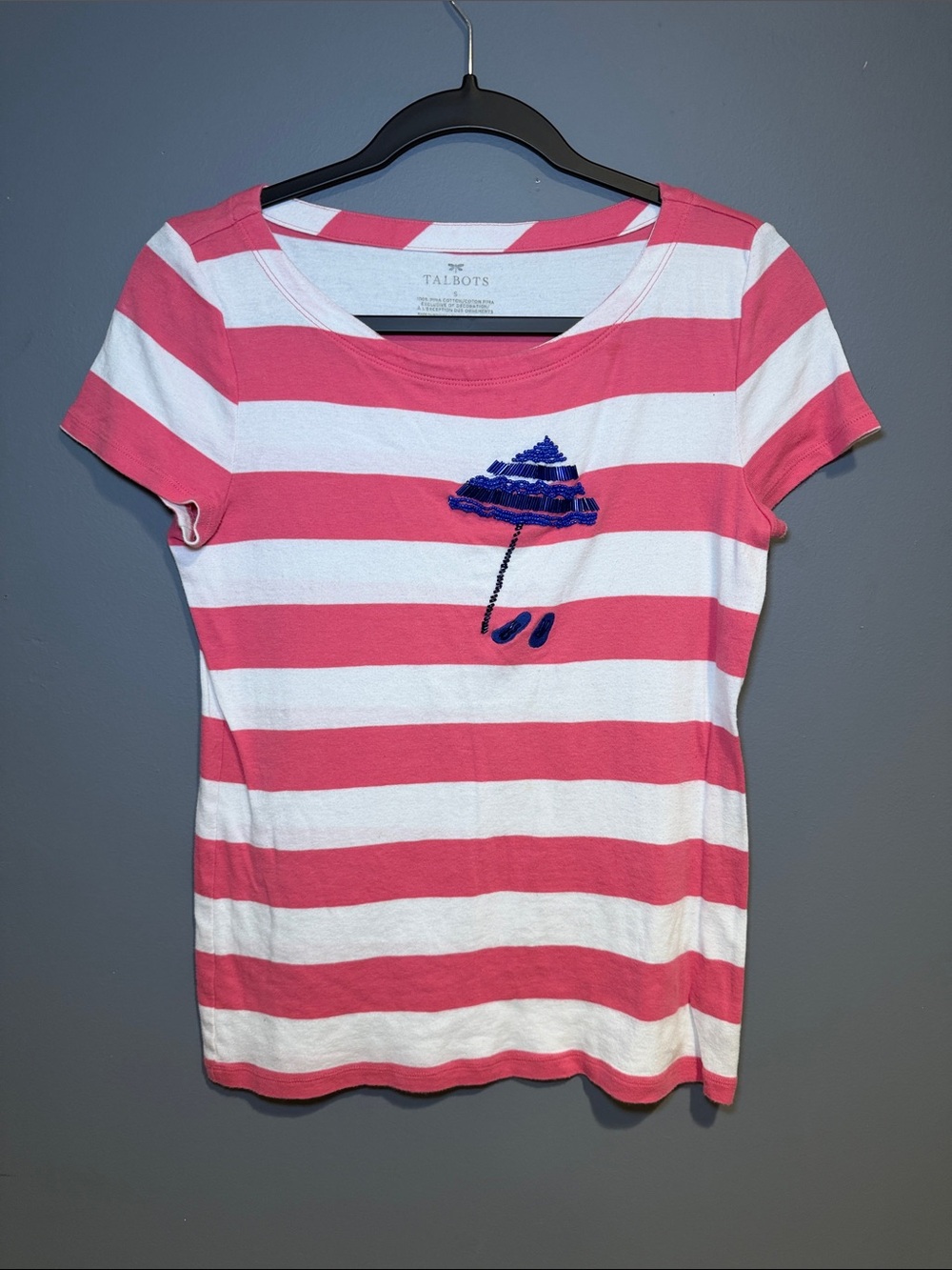 Talbots Pink & White Striped Tee with Navy Umbrella Motif